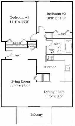 Floor plan for 2 beds, 1 bath, 950 sqft